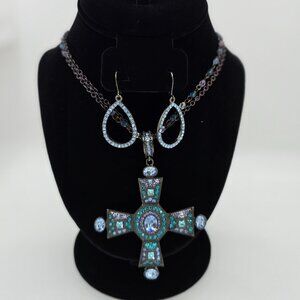 Vintage Real Collectibles by Adrienne Blue/Teal Rhinestone Cross & Drop Earrings